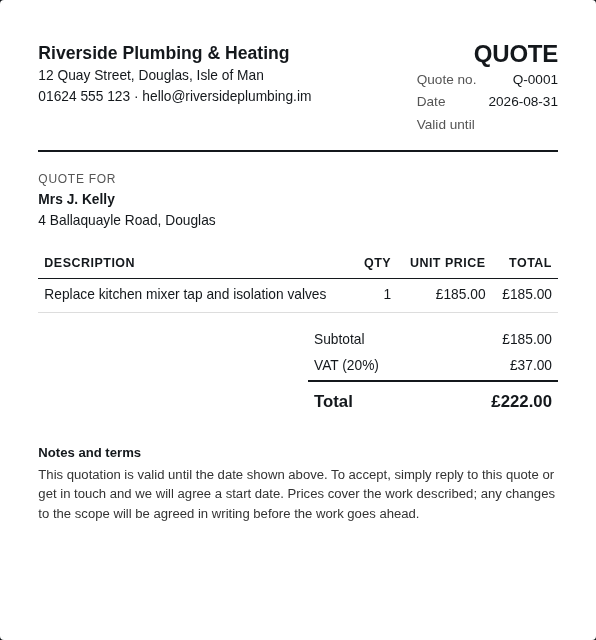 Example quote produced by TradeQuoteKit: itemised work, VAT and total worked out automatically, ready to save as a PDF